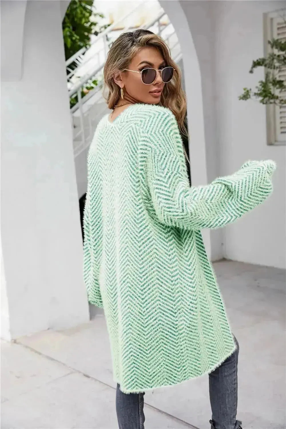Herringbone Pattern Open Front Longline Fuzzy Cardigan - Bad Moms Club