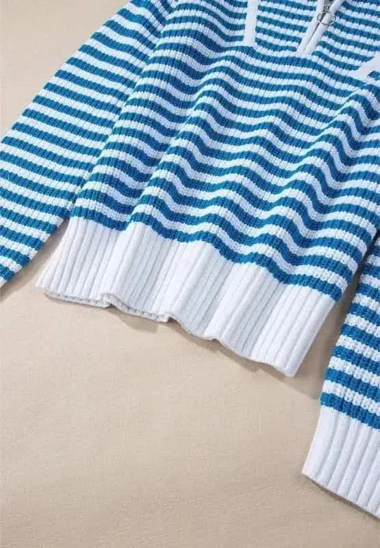Striped Half Zip Mock Neck Long Sleeve Sweater - Bad Moms Club