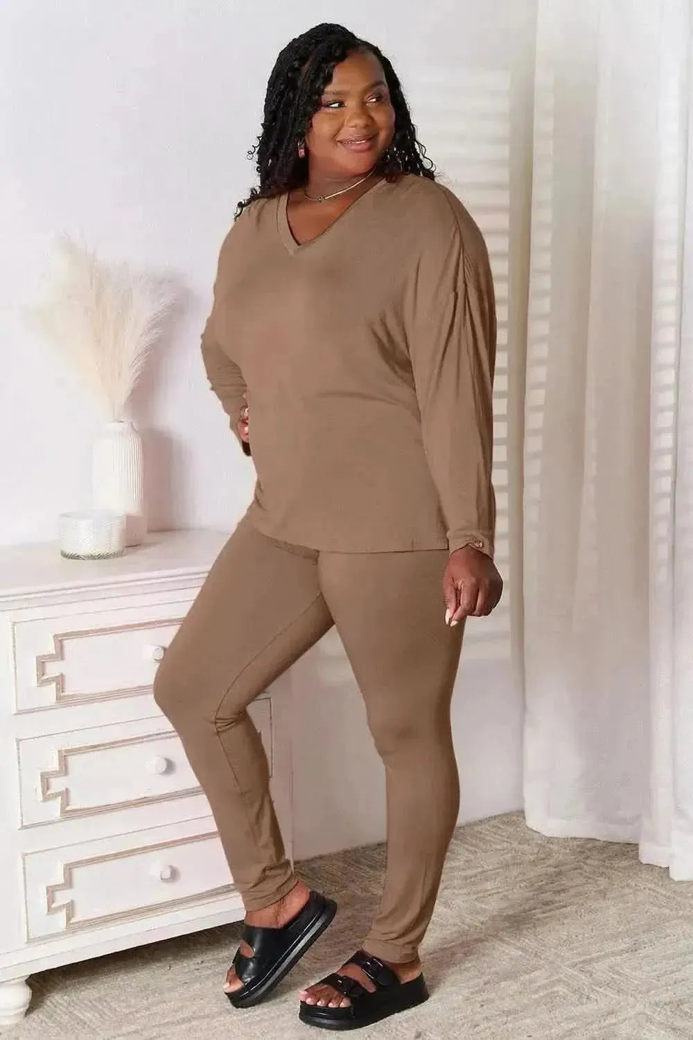 Basic Bae Full Size V-Neck Soft Rayon Long Sleeve Top and Pants Lounge Set - Bad Moms Club