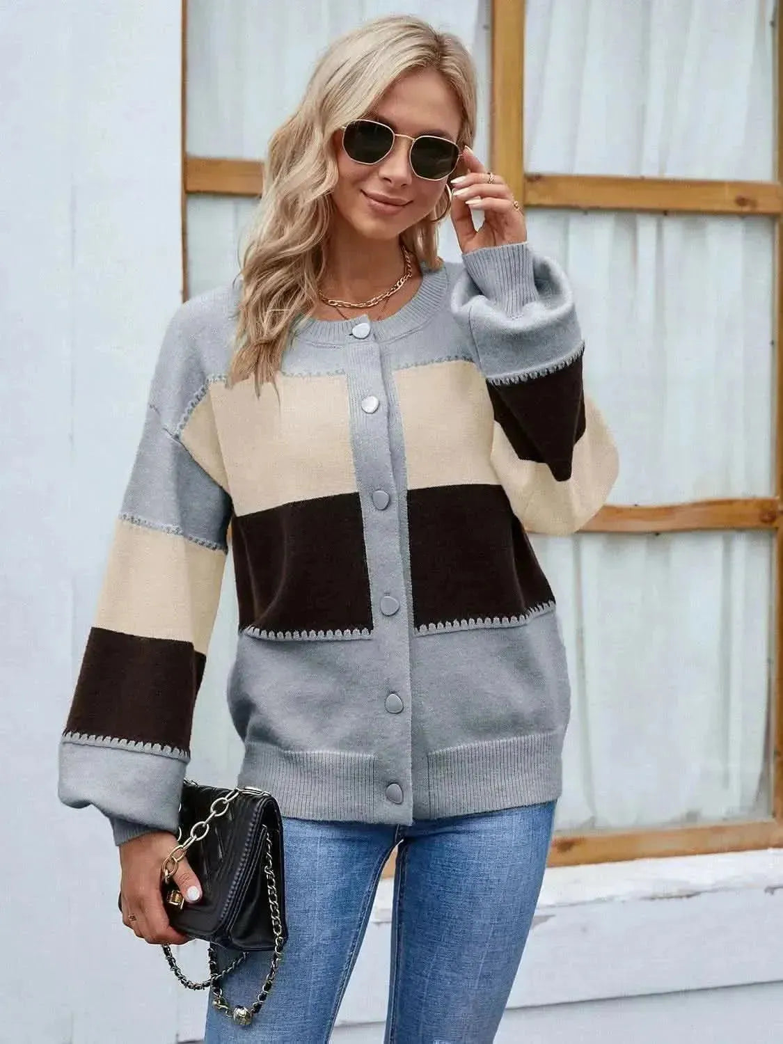 Color Block Button Up Lantern Sleeve Cardigan - Bad Moms Club