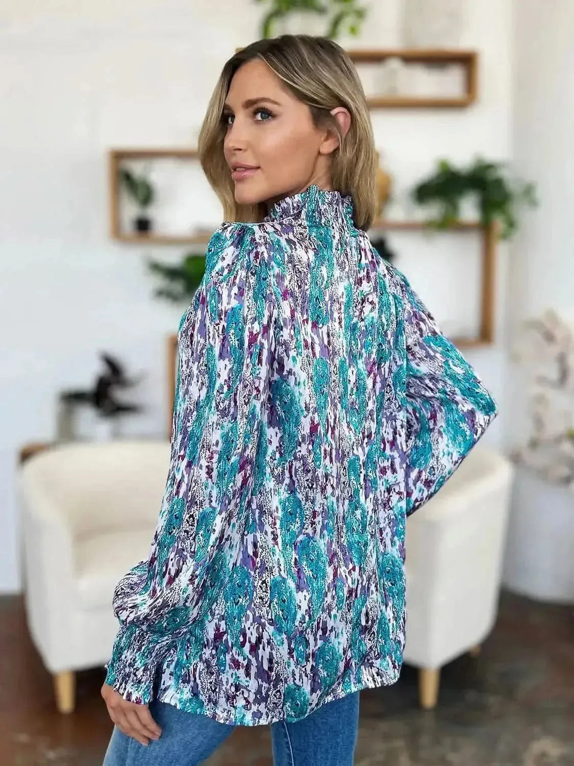 Double Take Full Size Printed Smocked Long Sleeve Blouse - Bad Moms Club