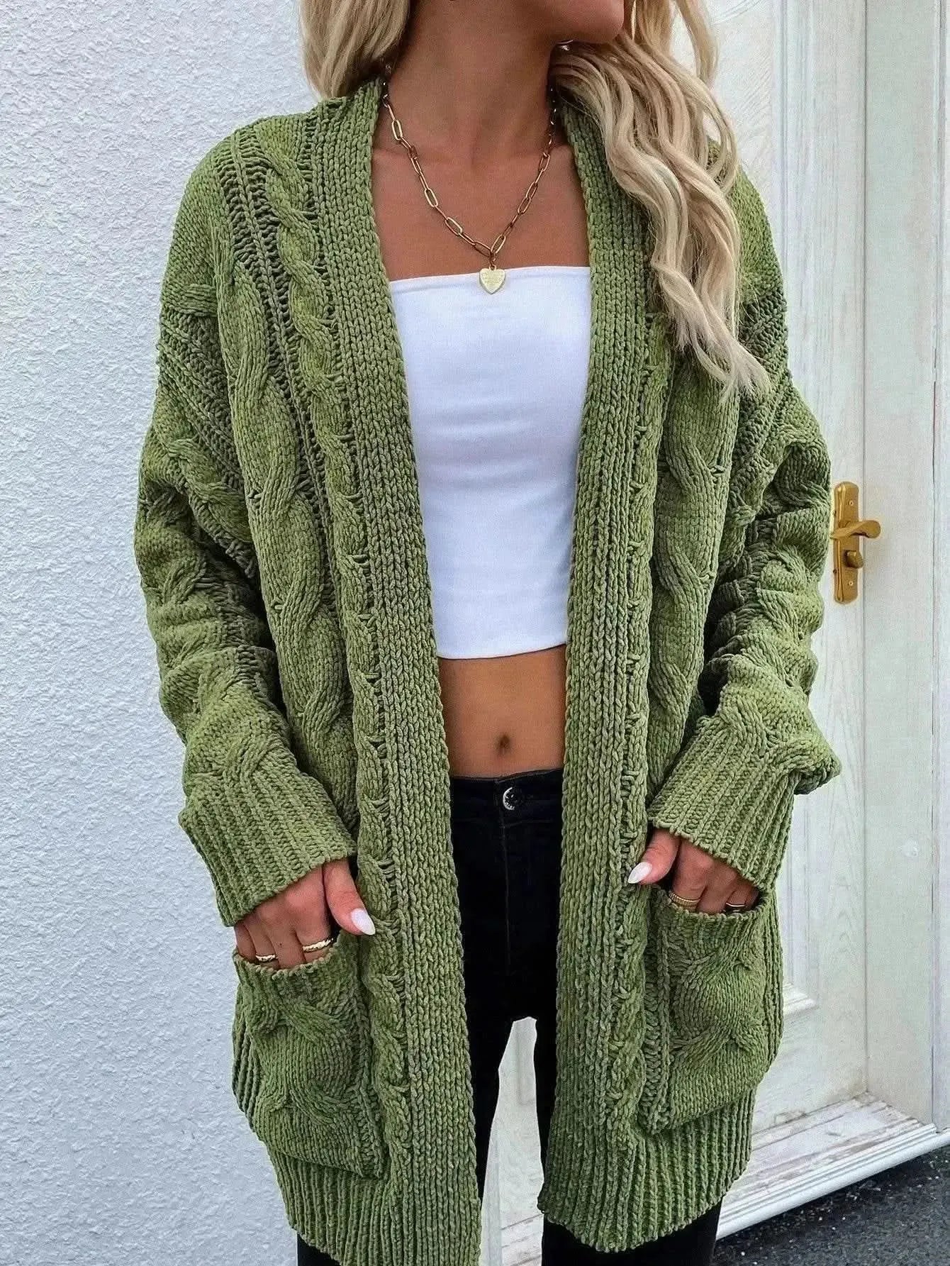 Woven Right Cable-Knit Open Front Cardigan with Front Pockets - Bad Moms Club