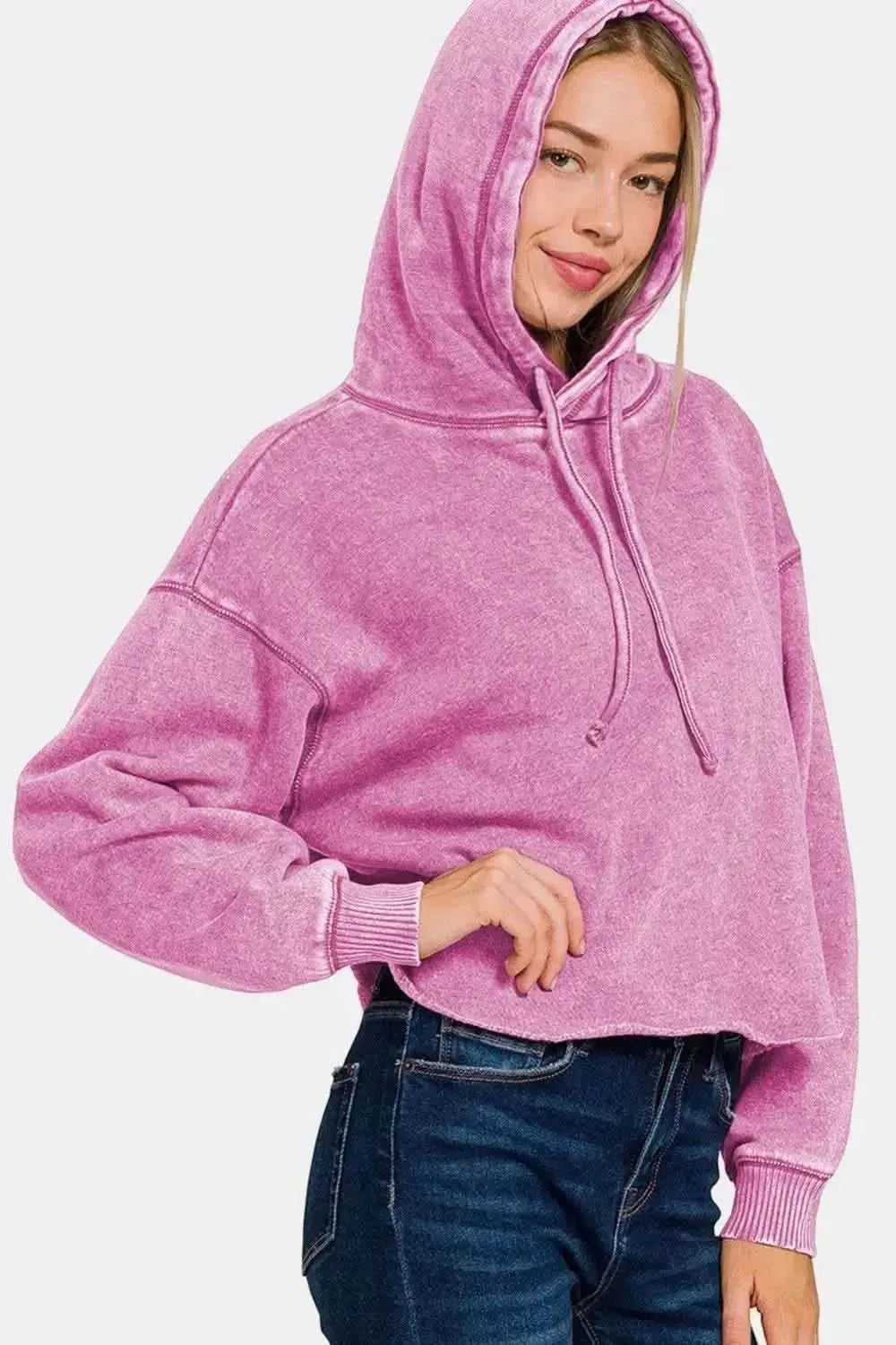 Zenana Acid Wash Fleece Cropped Hoodie - Bad Moms Club