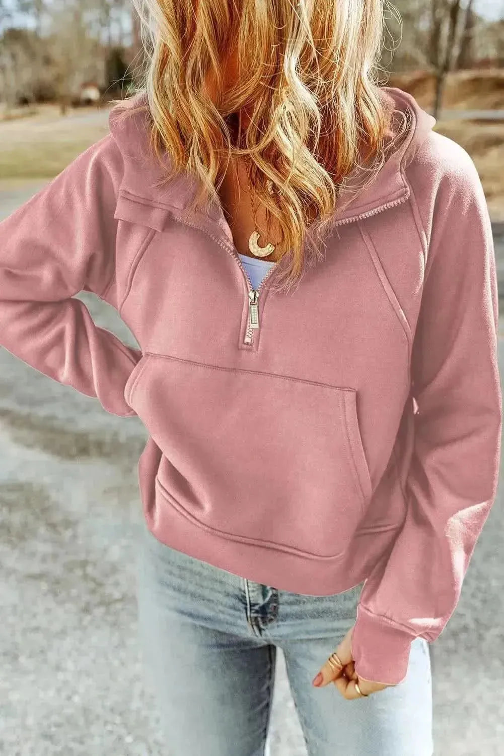 Double Take Half-Zip Thumbhole Sleeve Hoodie - Bad Moms Club
