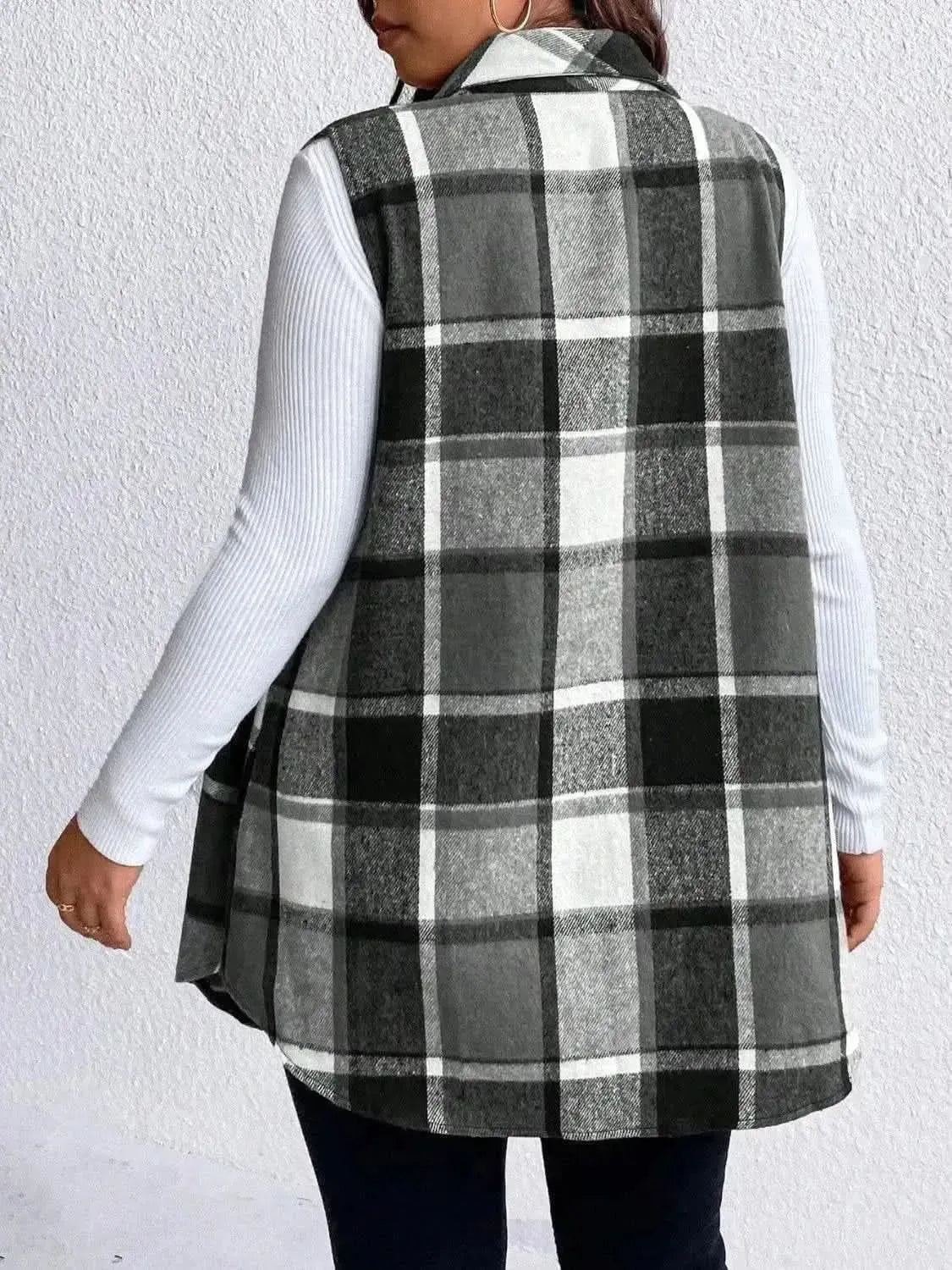 Honey Plus Size Pocketed Plaid Button Up Vest Coat - Bad Moms Club