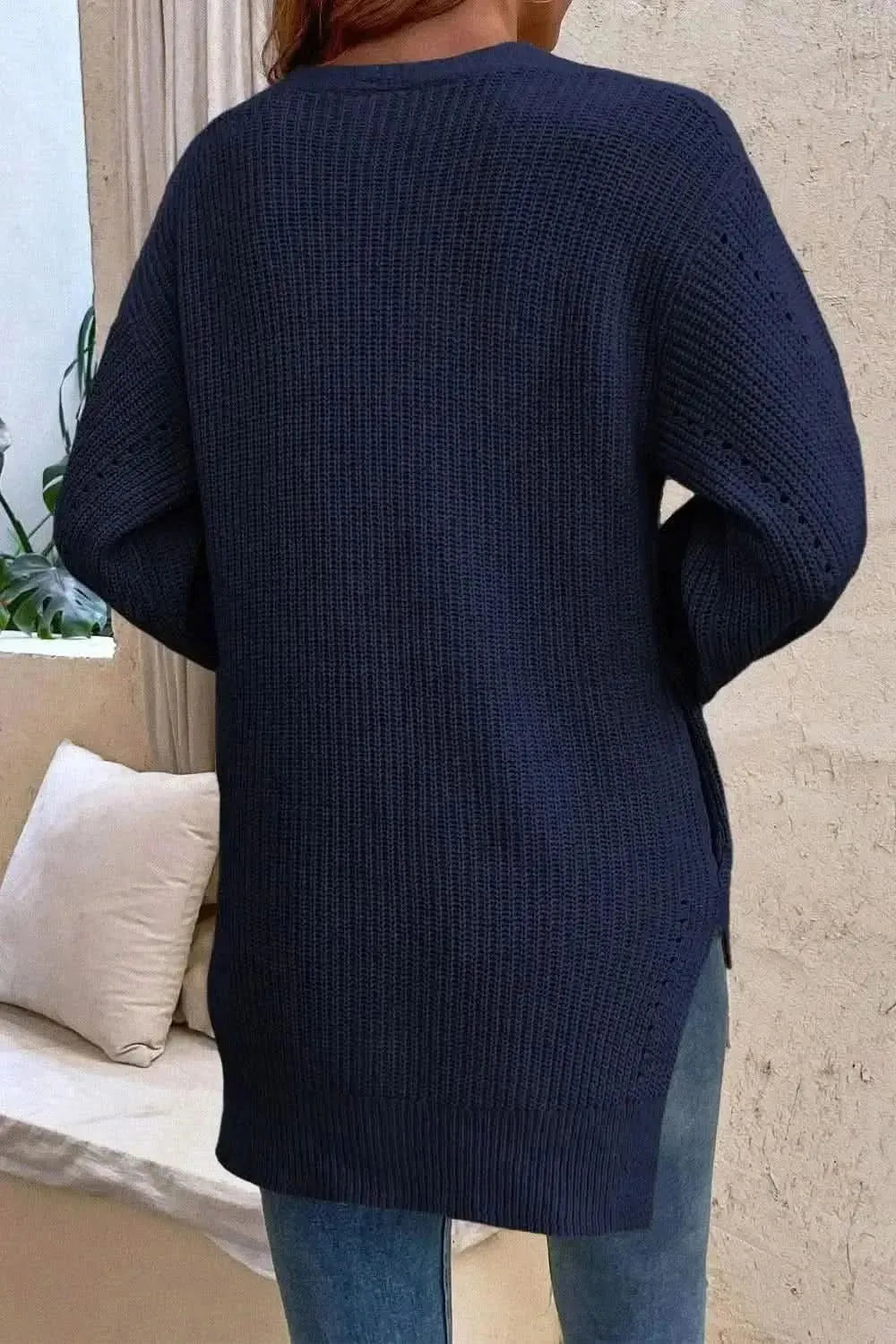 V-Neck Openwork Long Sleeve Cardigan - Bad Moms Club