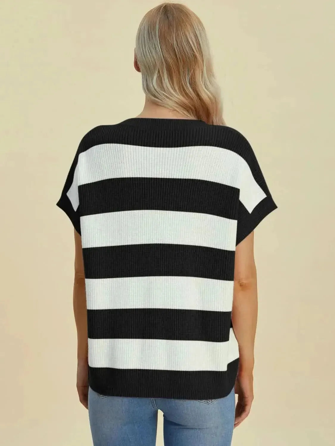 Double Take Full Size Striped V-Neck Short Sleeve Sweater - Bad Moms Club