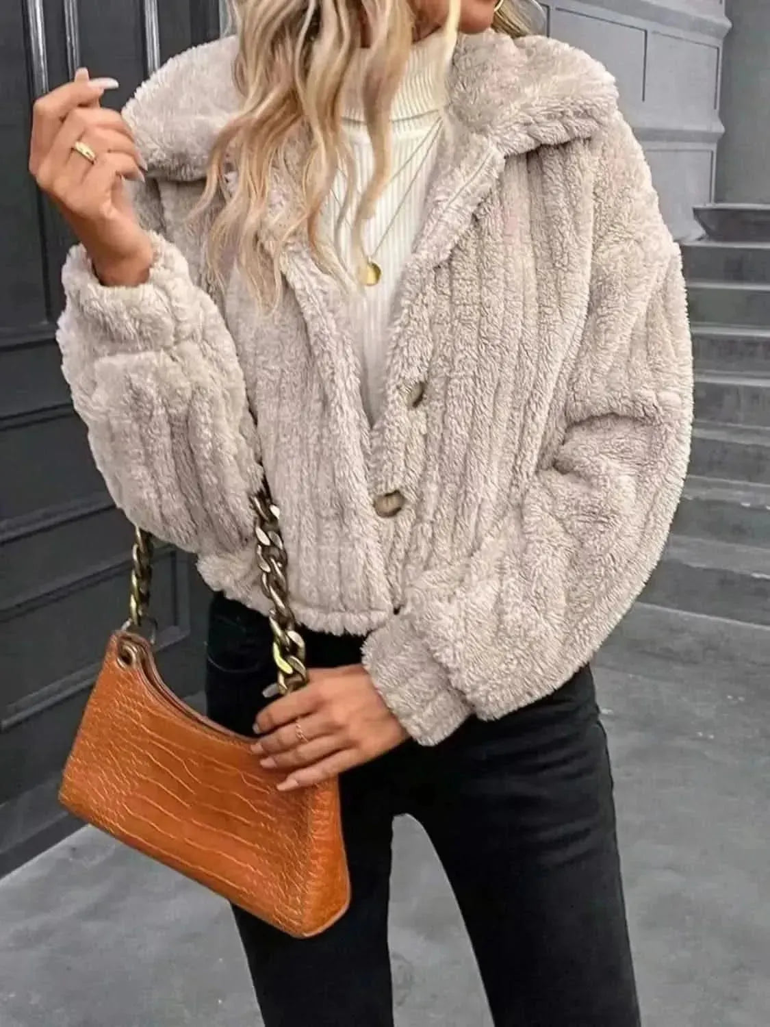 Button Up Long Sleeve Fuzzy Outerwear - Bad Moms Club