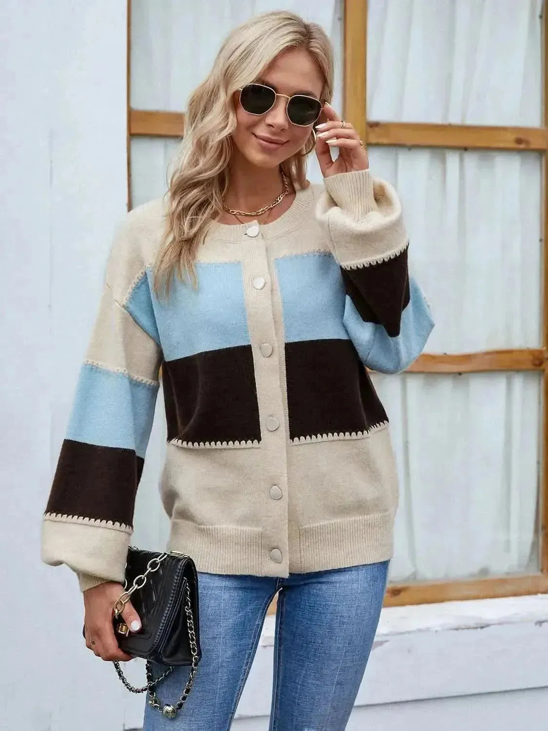 Color Block Button Up Lantern Sleeve Cardigan - Bad Moms Club