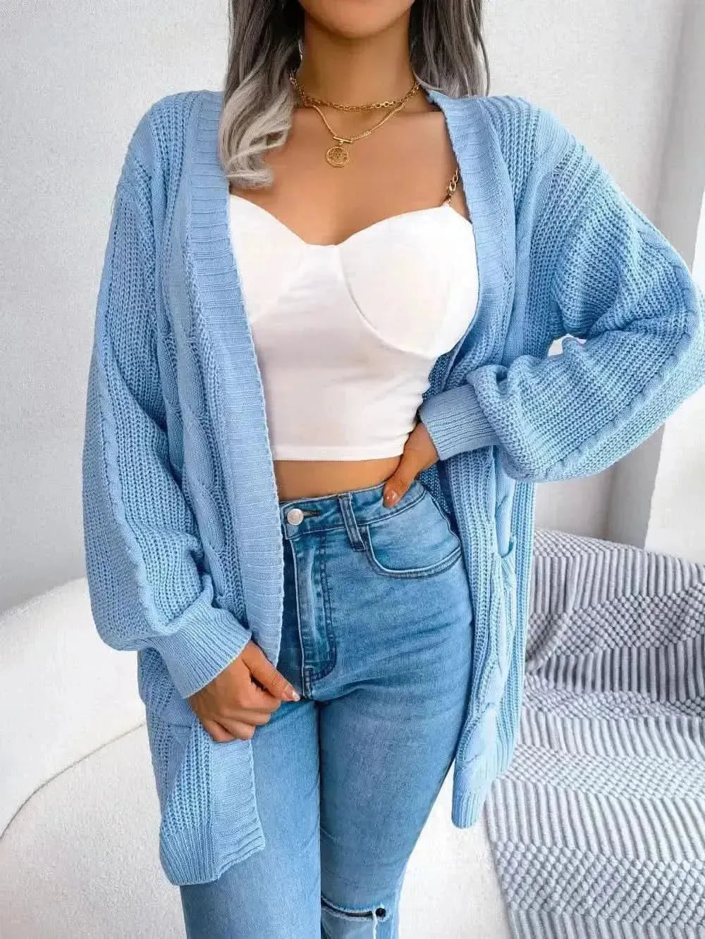 Cable-Knit Open Front Pocketed Cardigan - Bad Moms Club