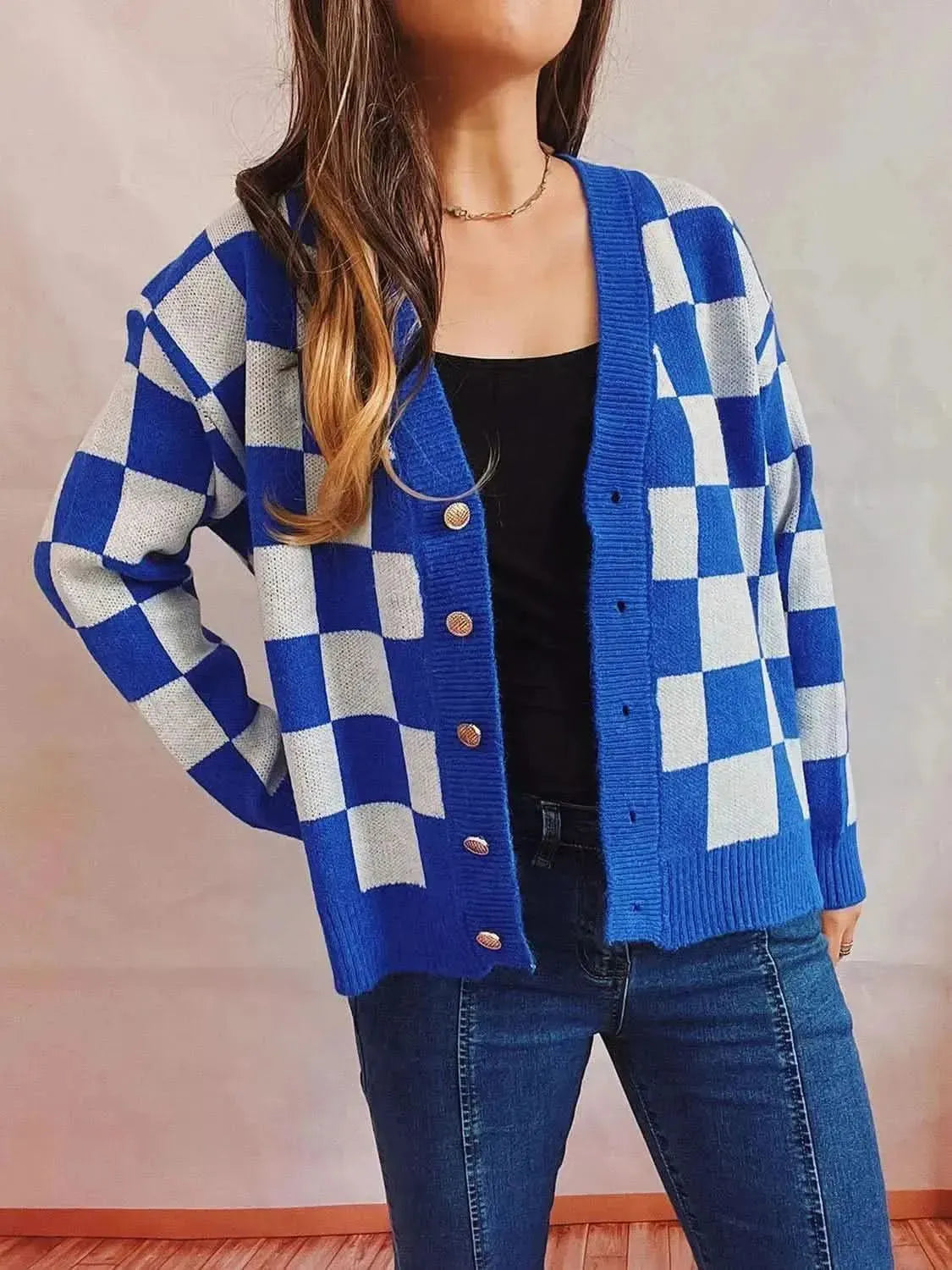 Checkered Open Front Button Up Cardigan - Bad Moms Club