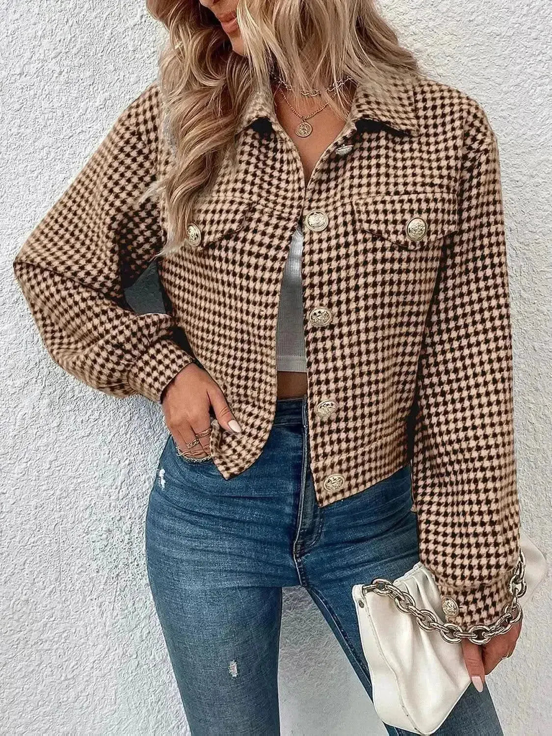 Houndstooth Collared Neck Button Up Jacket - Bad Moms Club