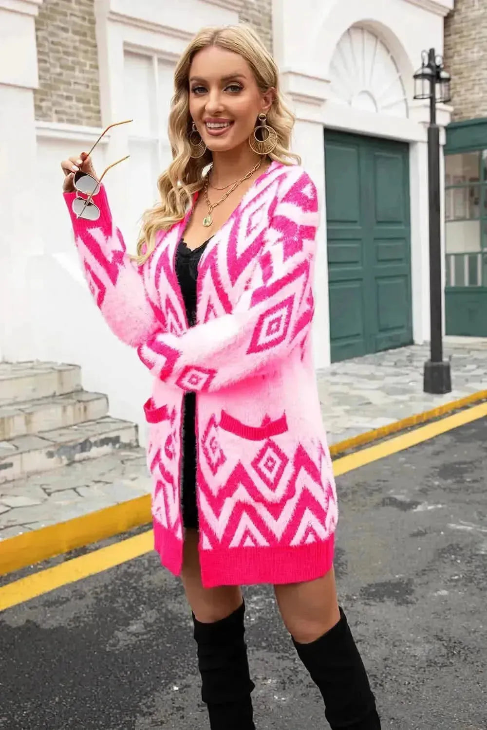 Argyle Open Front Pocket Cardigan - Bad Moms Club
