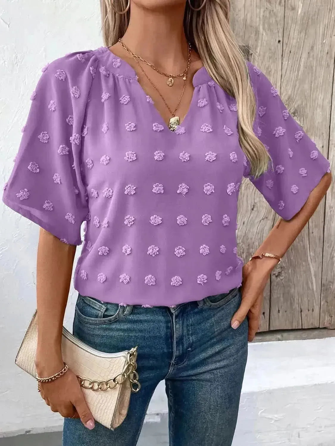 Ivy Lane Swiss Dot Notched Half Sleeve Blouse - Bad Moms Club