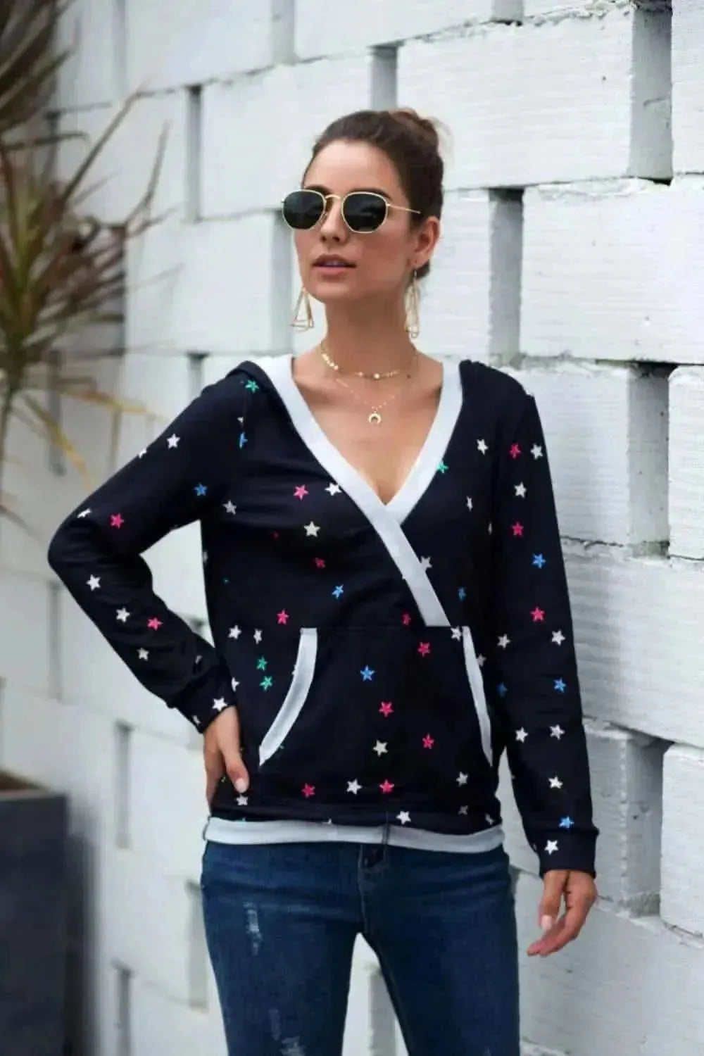 Star Print Kangaroo Pocket Hoodie - Bad Moms Club