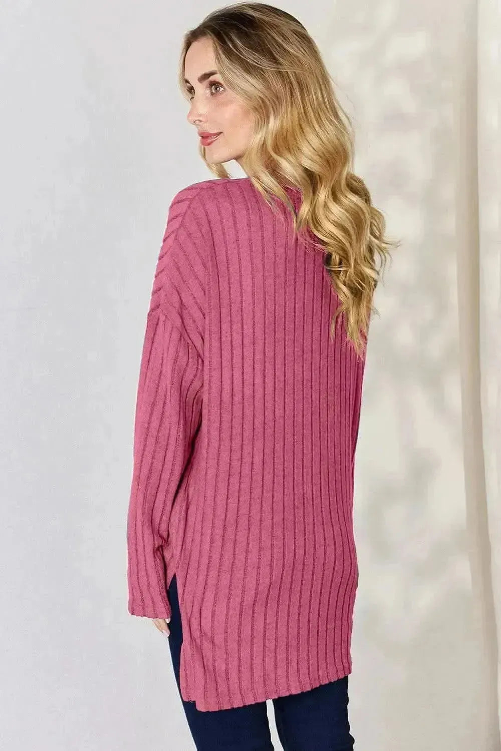 Basic Bae Full Size Ribbed Half Button Long Sleeve High-Low T-Shirt - Bad Moms Club