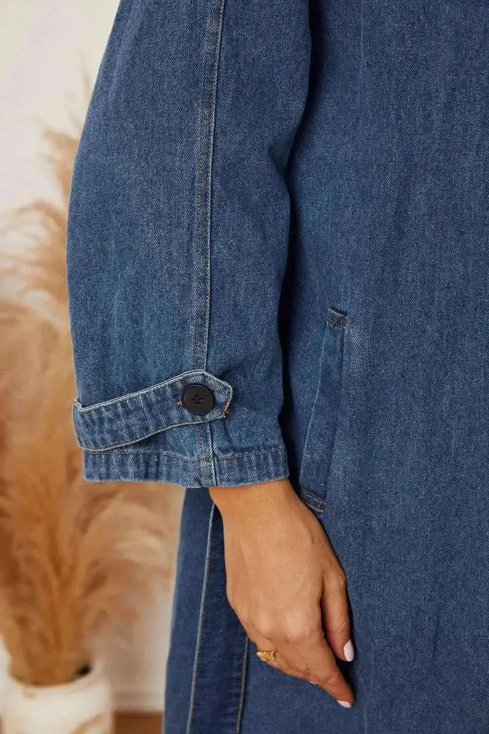 MeiMei Double-Breasted Belted Longline Denim Jacket - Bad Moms Club