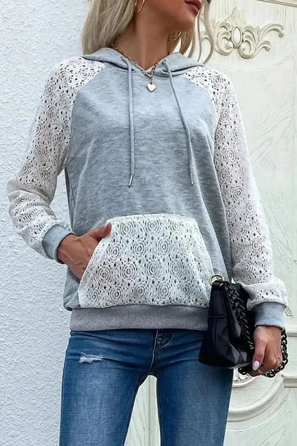 Perfee Lace Raglan Sleeve Drawstring Hoodie - Bad Moms Club
