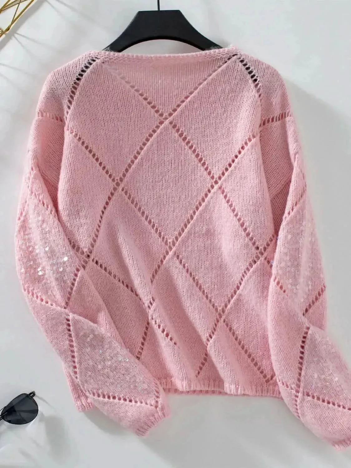 Openwork Round Neck Long Sleeve Knit Top - Bad Moms Club