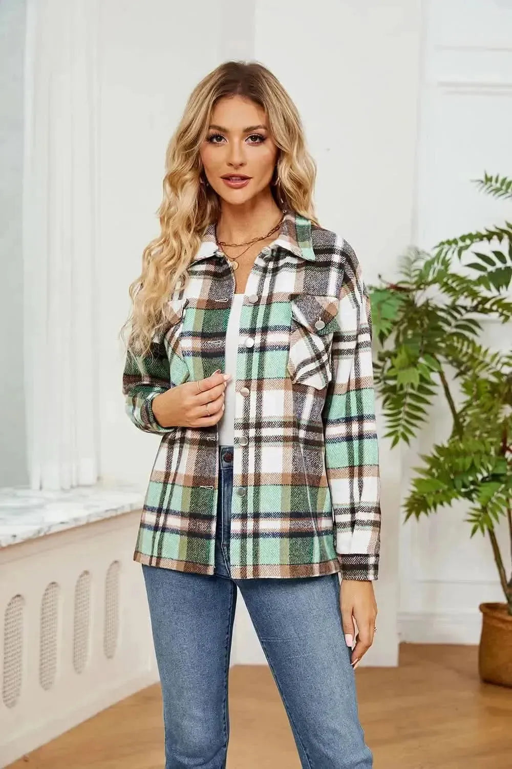 Button Down Collared Plaid Shacket - Bad Moms Club