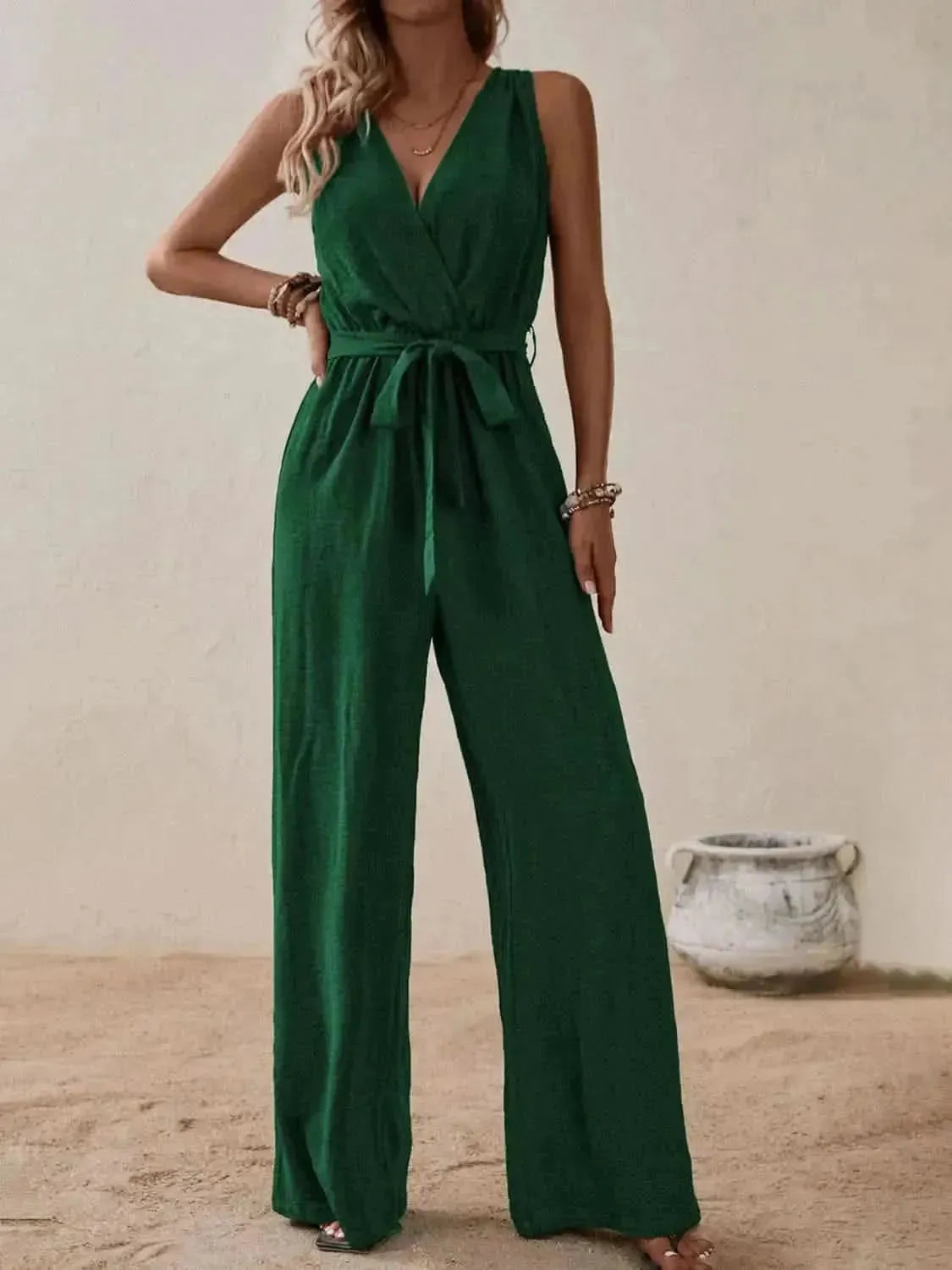 Honey Tied Surplice Sleeveless Wide Leg Jumpsuit - Bad Moms Club