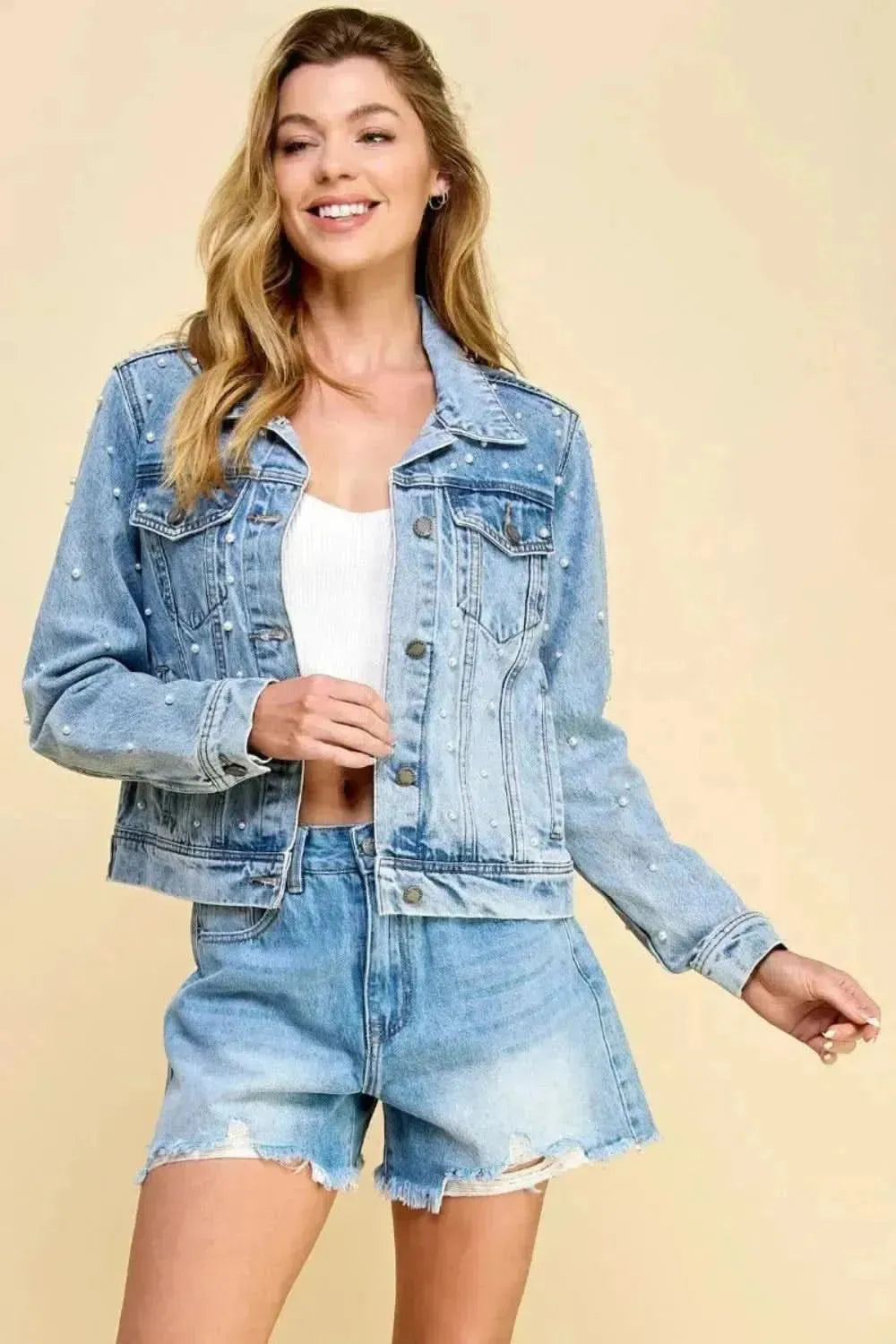 Veveret Button Up Pearl Detail Long Sleeve Denim Jacket - Bad Moms Club