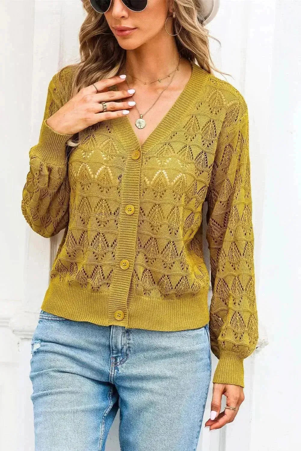 Openwork V-Neck Cardigan - Bad Moms Club