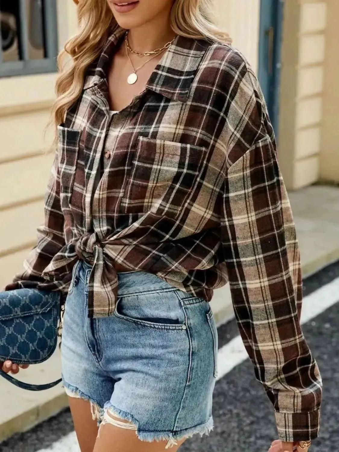 Plaid Collared Neck Long Sleeve Shirt - Bad Moms Club