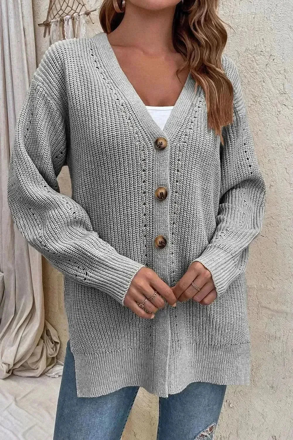 V-Neck Openwork Long Sleeve Cardigan - Bad Moms Club