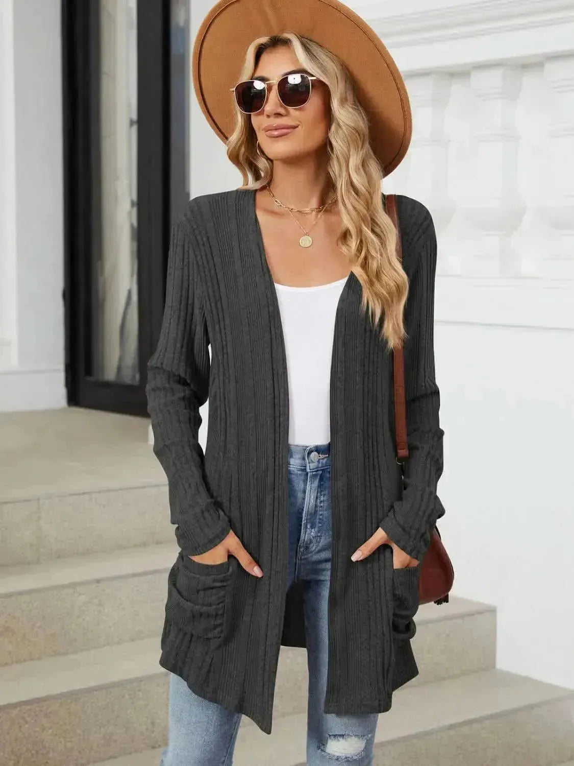 Pocketed Open Front Long Sleeve Cardigan - Bad Moms Club