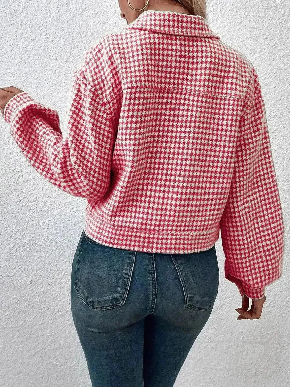 Houndstooth Collared Neck Button Up Jacket - Bad Moms Club