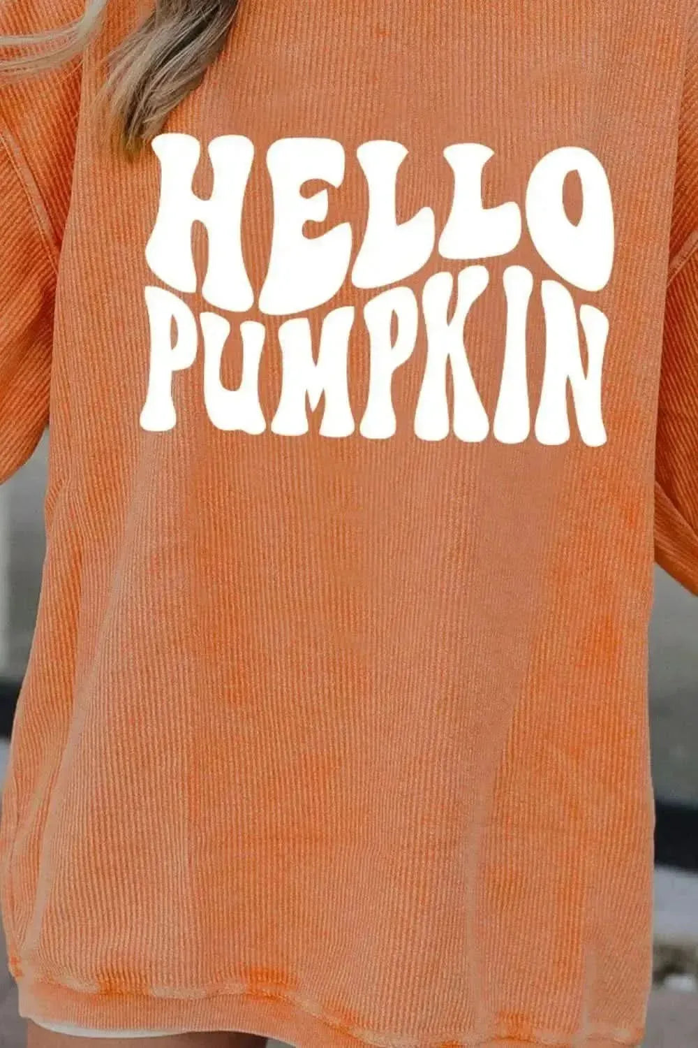 Round Neck Dropped Shoulder HELLO PUMPKIN Graphic Sweatshirt - Bad Moms Club