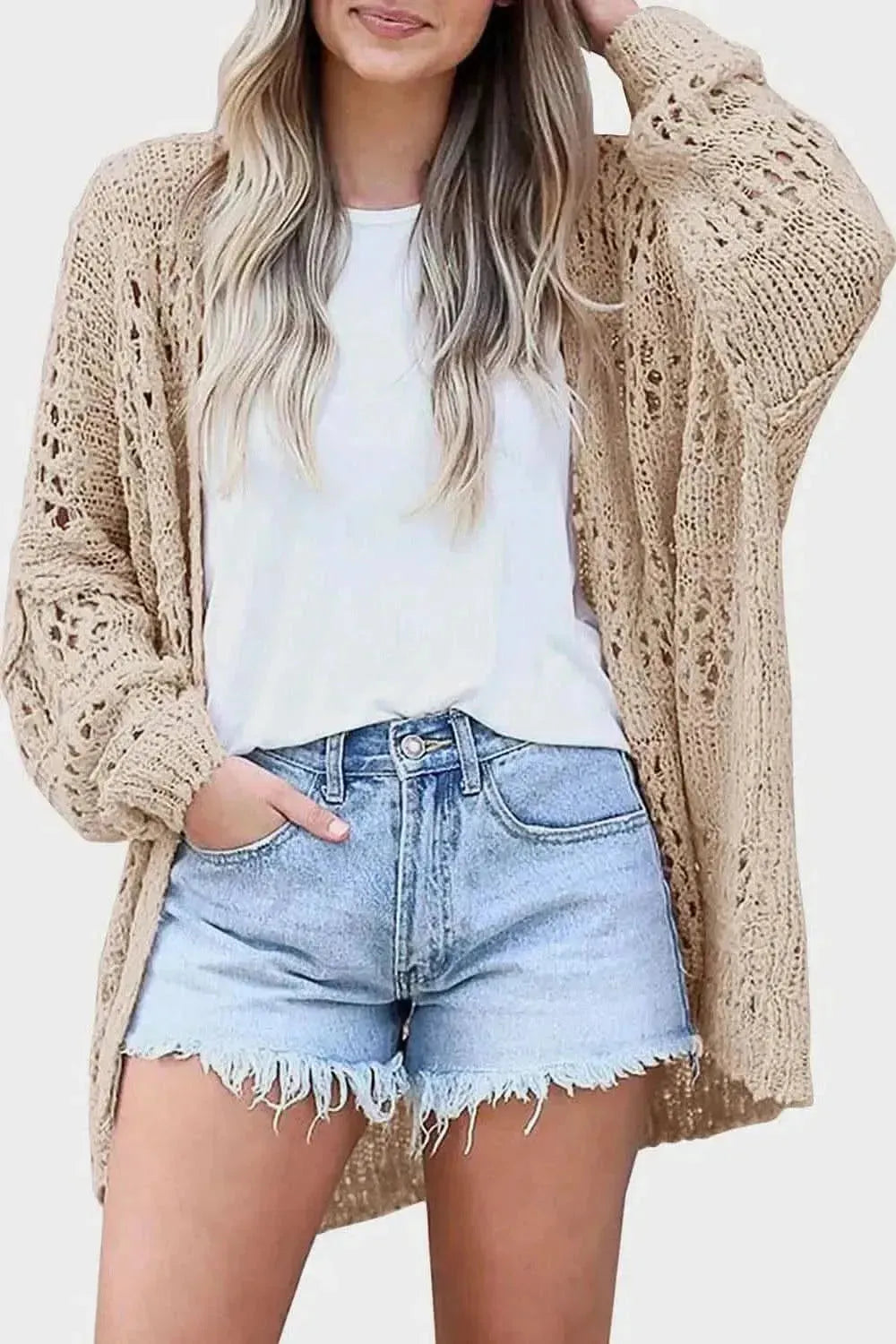 Openwork Open Front Long Sleeve Cardigan - Bad Moms Club