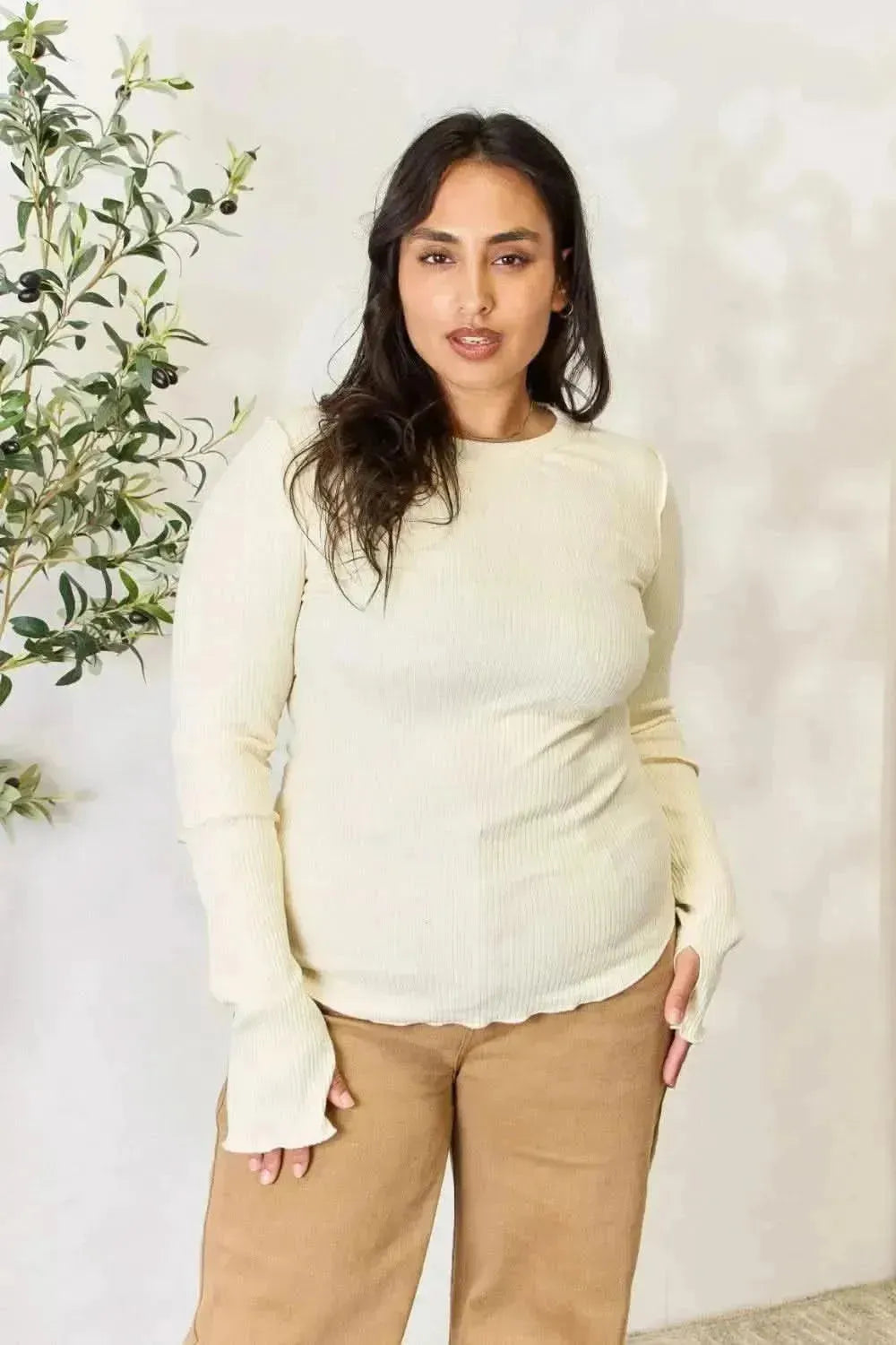 Culture Code Full Size Ribbed Round Neck Long Sleeve Top - Bad Moms Club