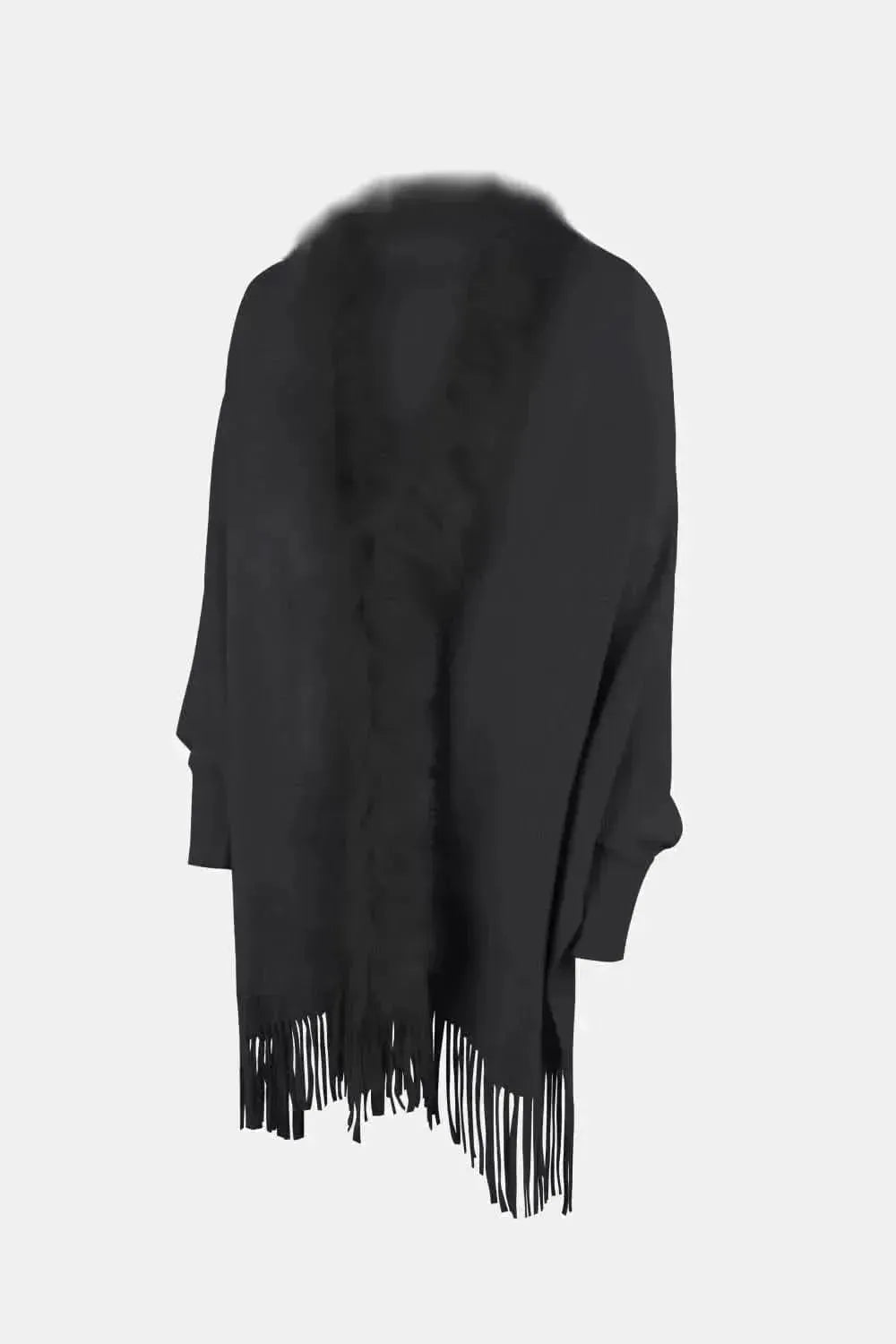 Fringe Open Front Long Sleeve Poncho - Bad Moms Club