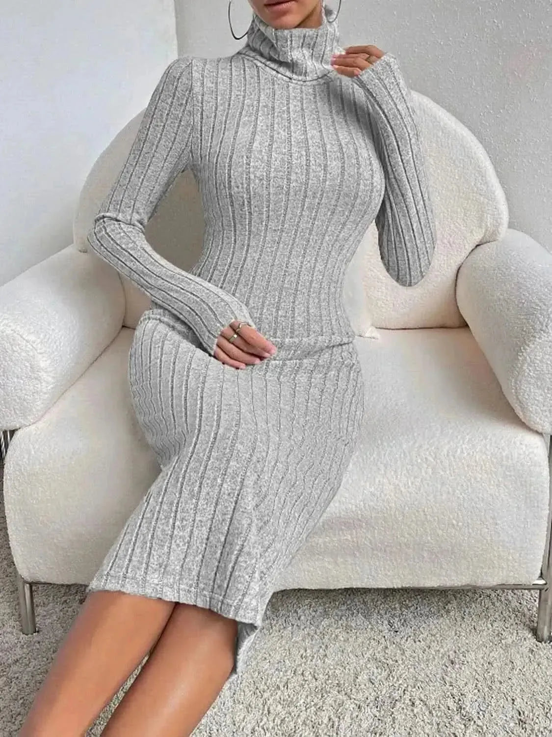 Turtleneck Long Sleeve Midi Sweater Dress - Bad Moms Club