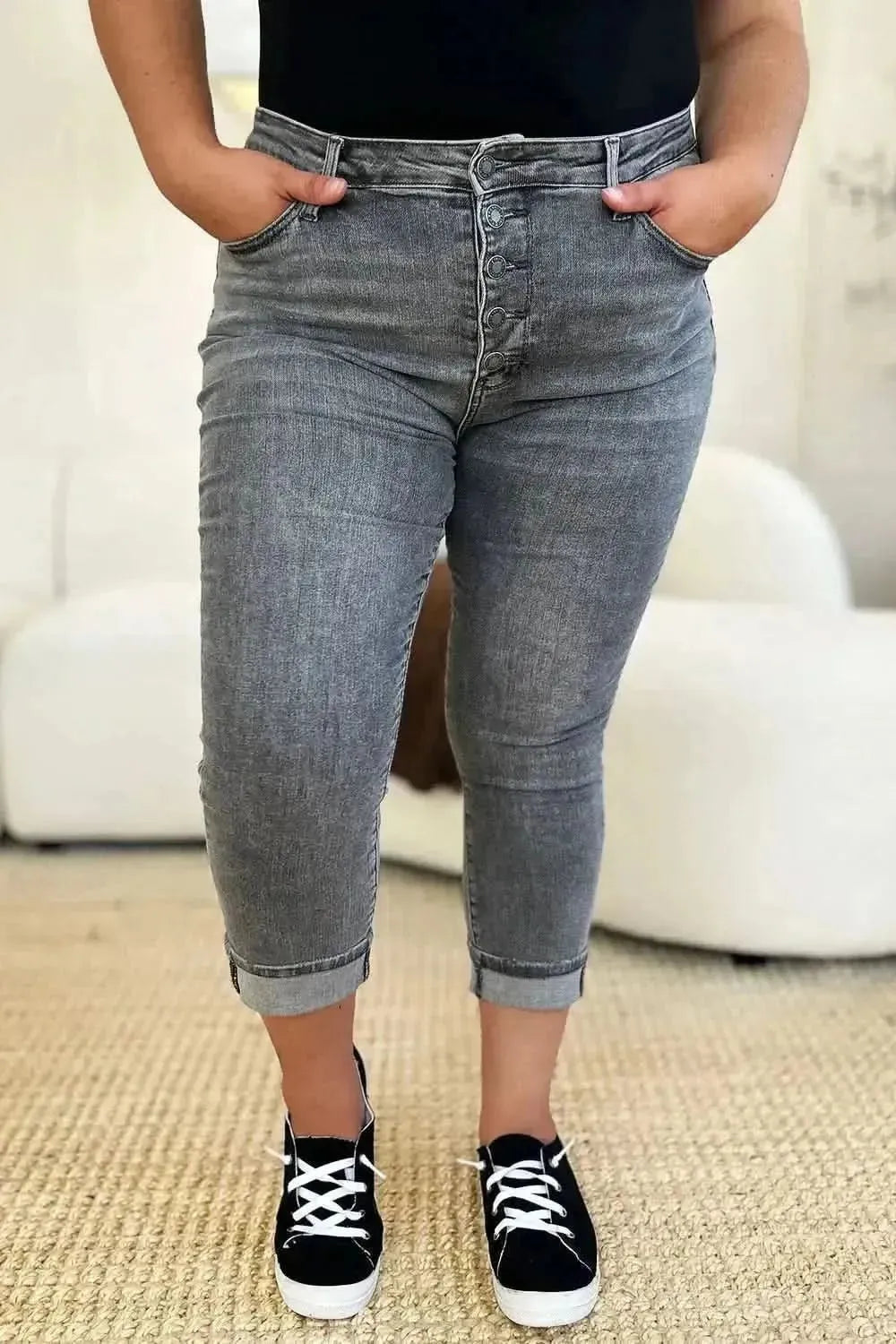 Judy Blue Full Size Button Fly High Waist Cuffed Capris - Bad Moms Club