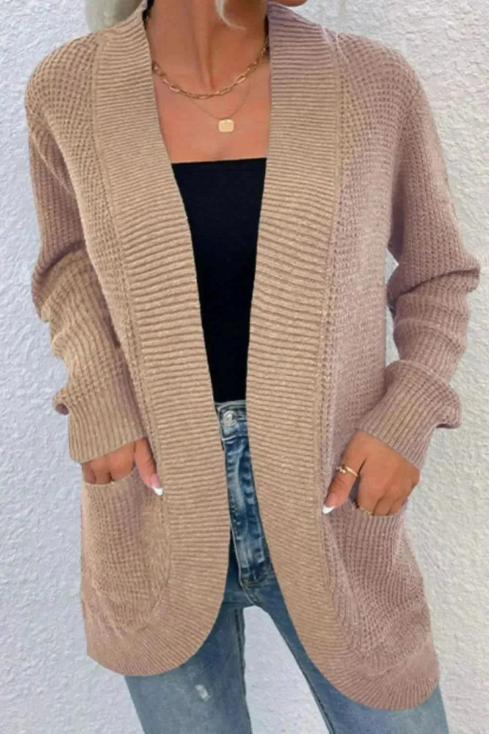 Open Front Rib-Knit Cardigan with Pockets - Bad Moms Club