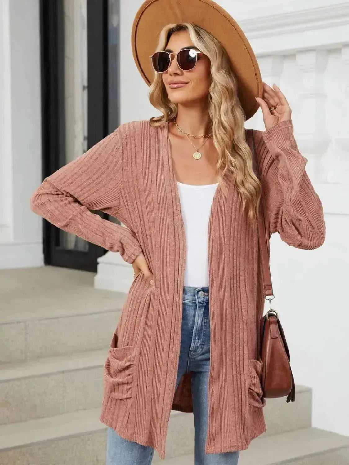 Pocketed Open Front Long Sleeve Cardigan - Bad Moms Club