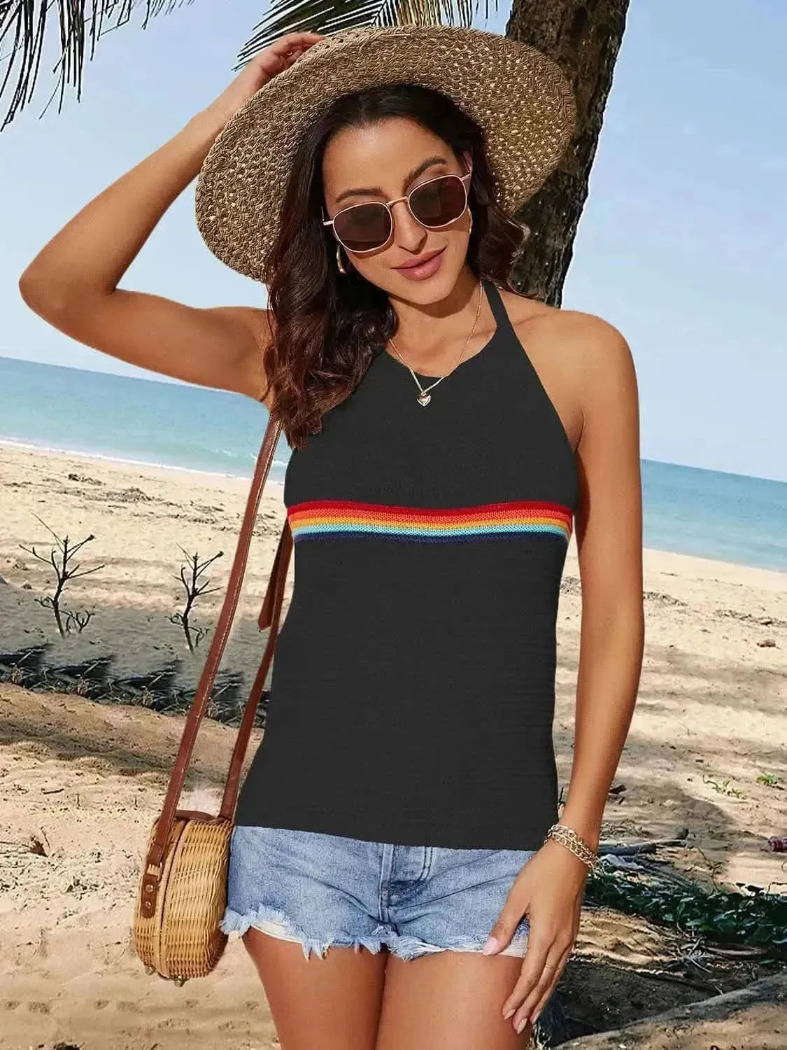 Tied Contrast Halter Neck Tank - Bad Moms Club