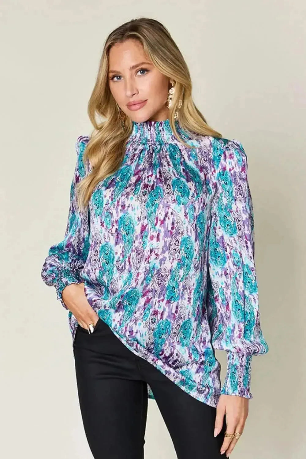 Double Take Full Size Printed Smocked Long Sleeve Blouse - Bad Moms Club