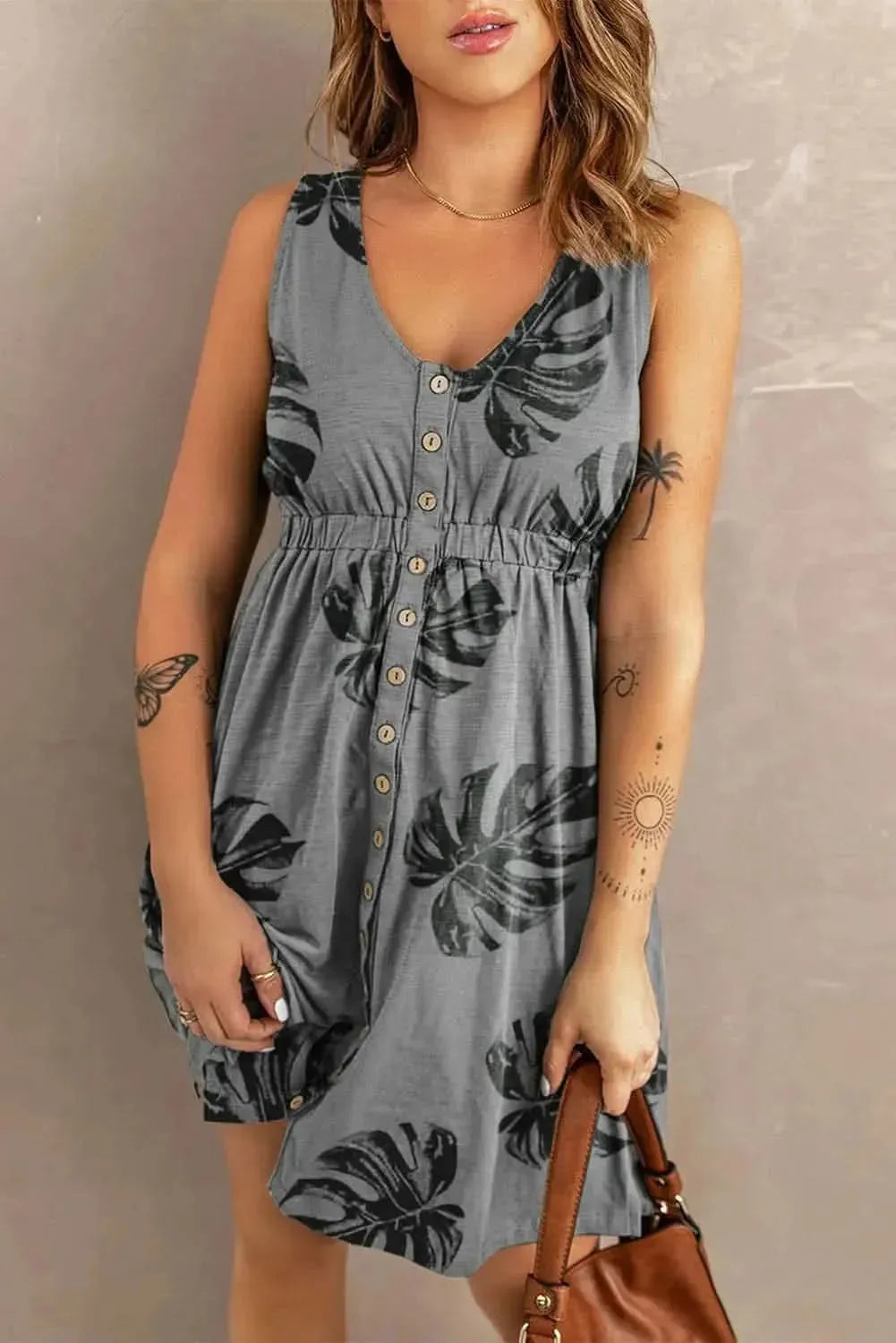 Buttoned Round Neck Sleeveless Mini Magic Dress - Bad Moms Club