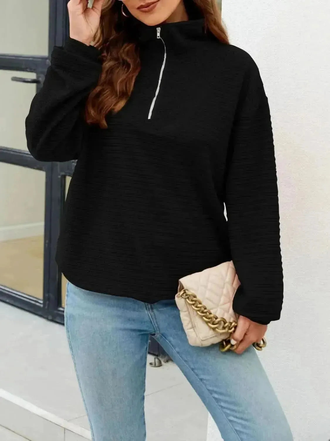 Quarter-Zip Collared Drop Shoulder Sweatshirt - Bad Moms Club