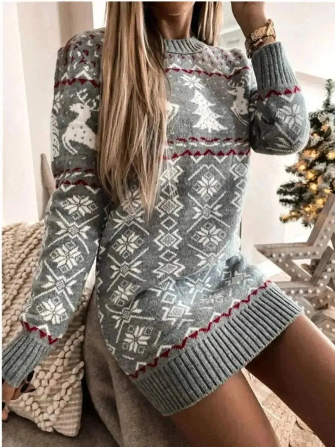 Reindeer & Snowflake Round Neck Sweater Dress - Bad Moms Club