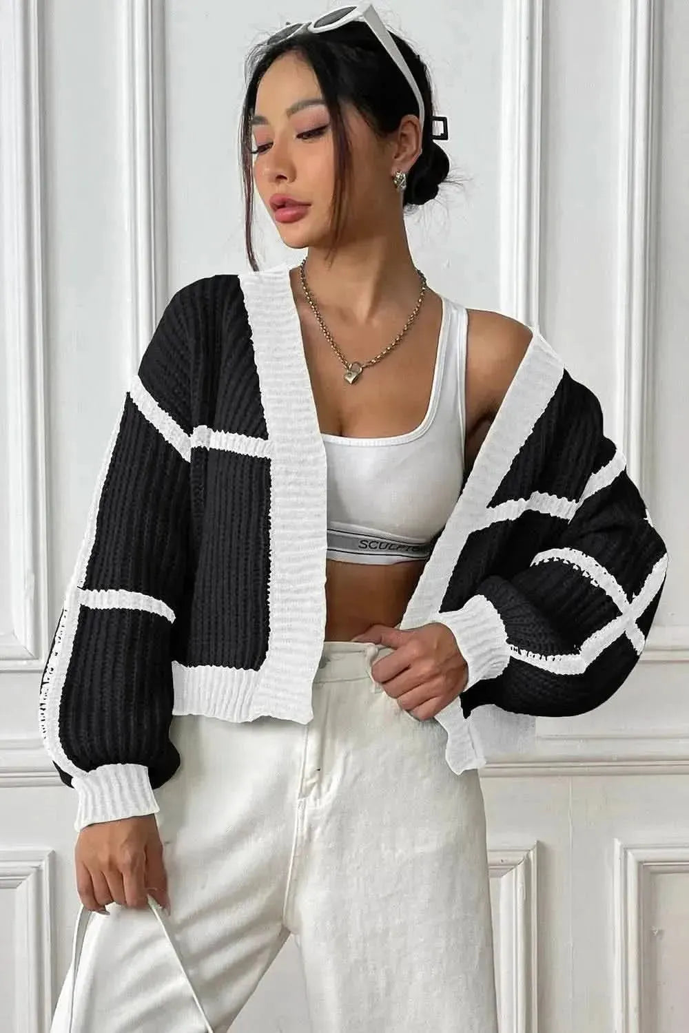 Contrast Open Front Long Sleeve Cardigan - Bad Moms Club
