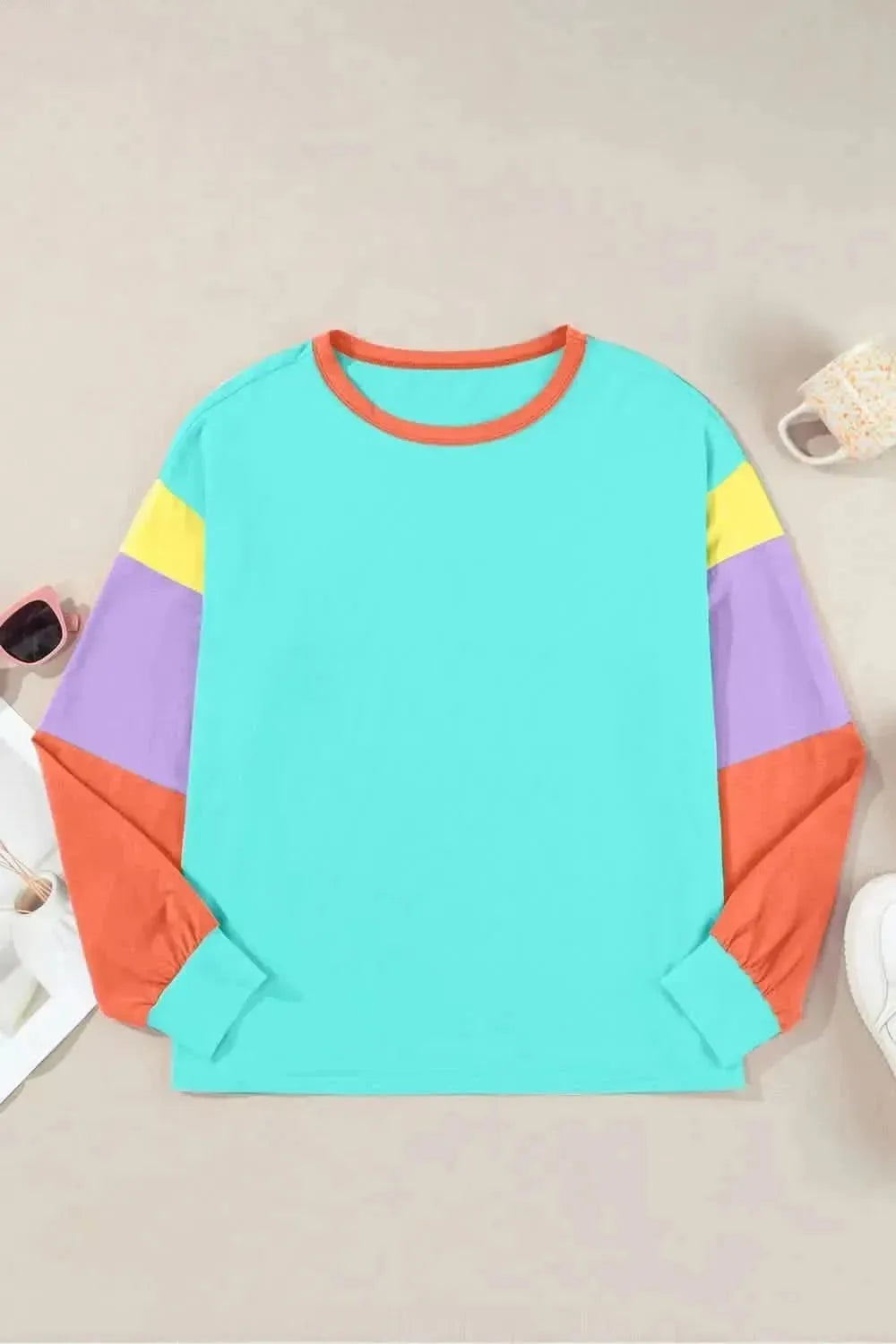 Color Block Round Neck Long Sleeve Top - Bad Moms Club