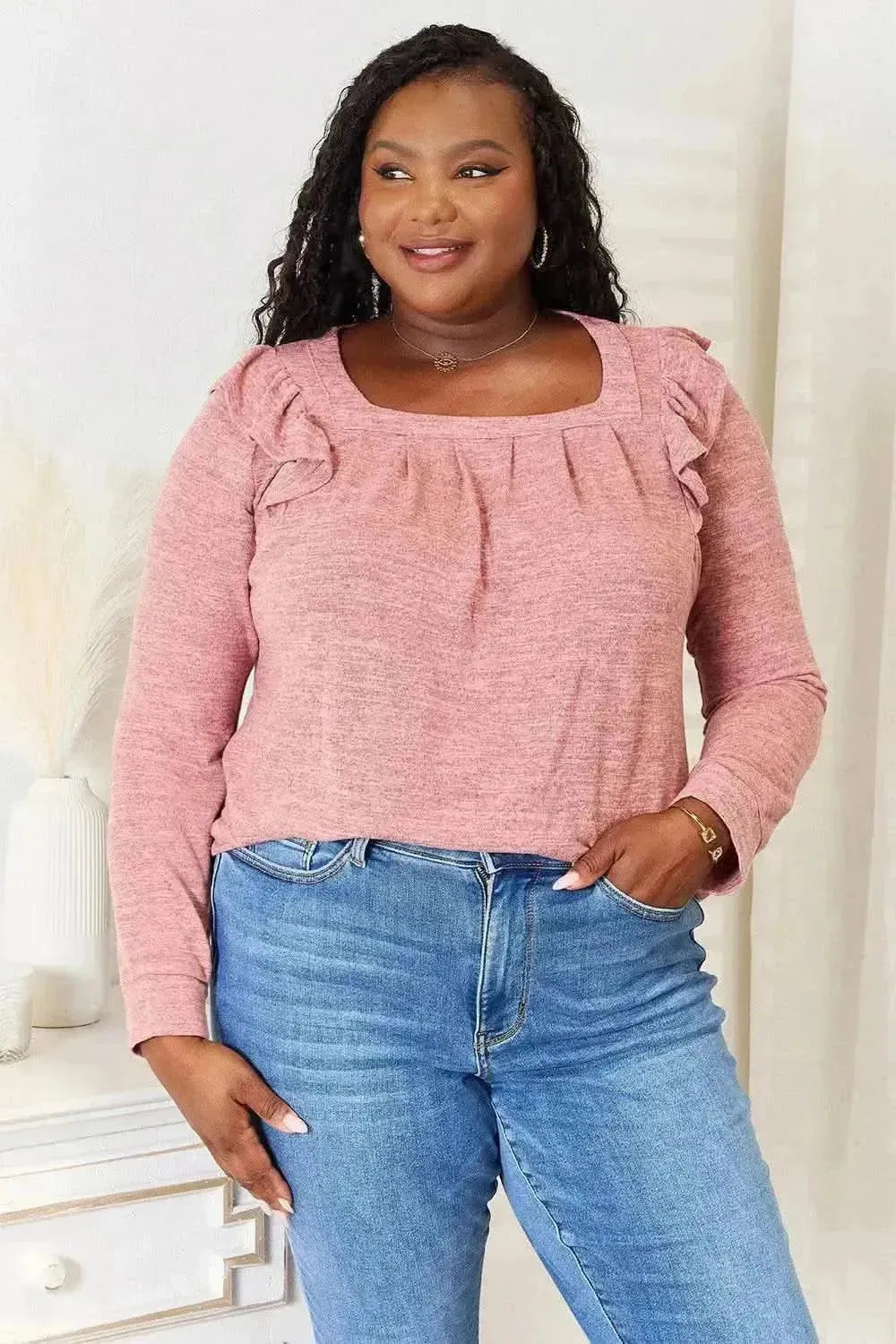 Double Take Square Neck Ruffle Shoulder Long Sleeve T-Shirt - Bad Moms Club