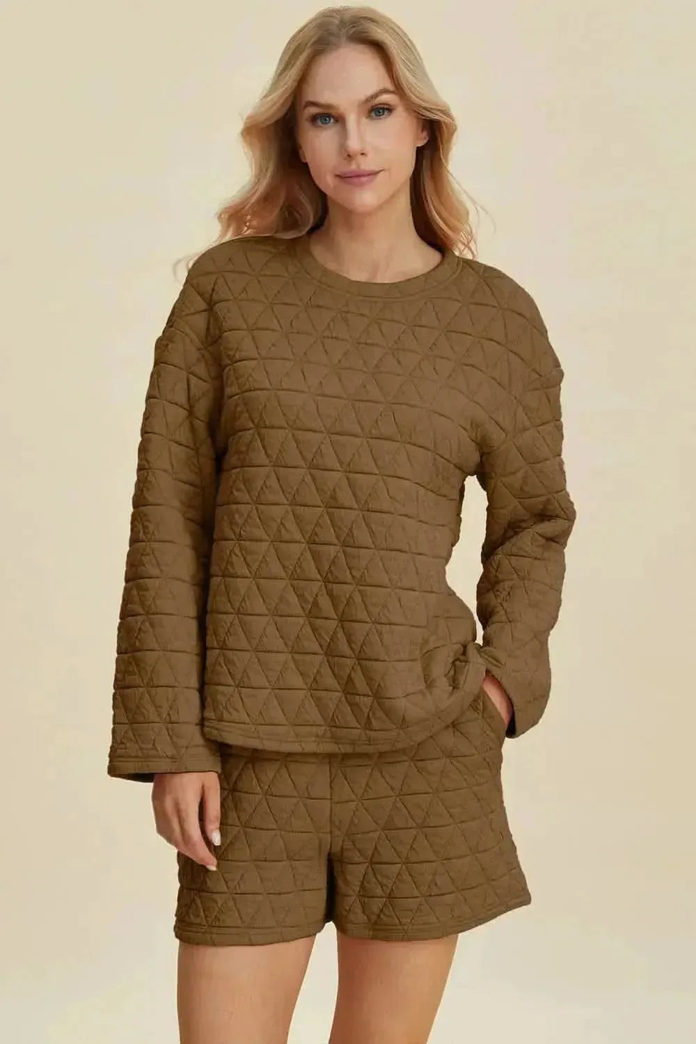 Double Take Full Size Texture Round Neck Long Sleeve Top and Shorts Set - Bad Moms Club