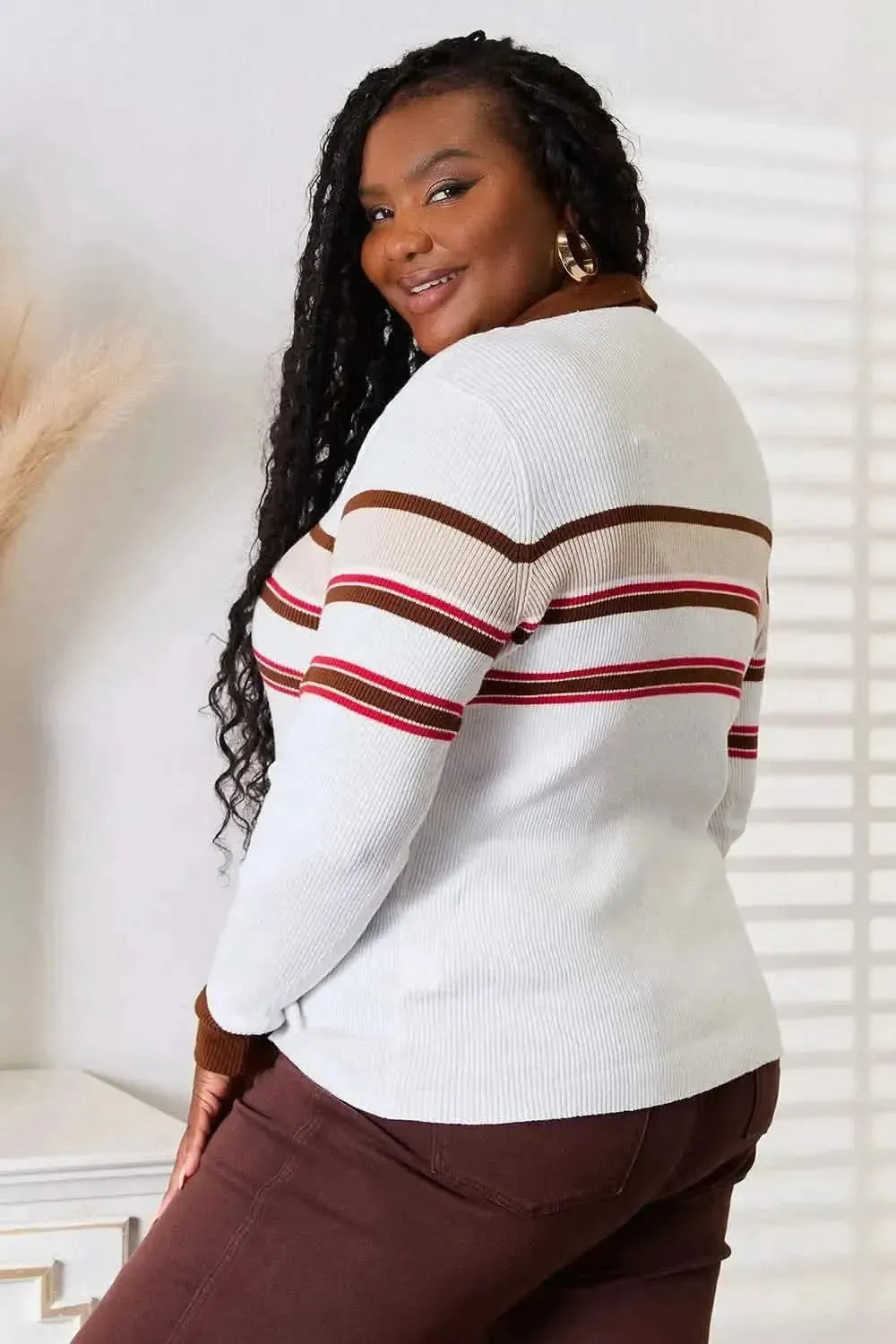 Basic Bae Striped Collared Neck Rib-Knit Top - Bad Moms Club