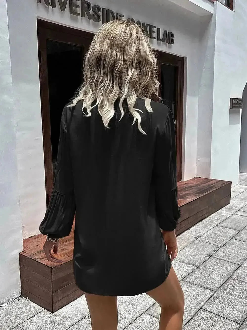 Ivy Lane Notched Neck Balloon Sleeve Shirt - Bad Moms Club